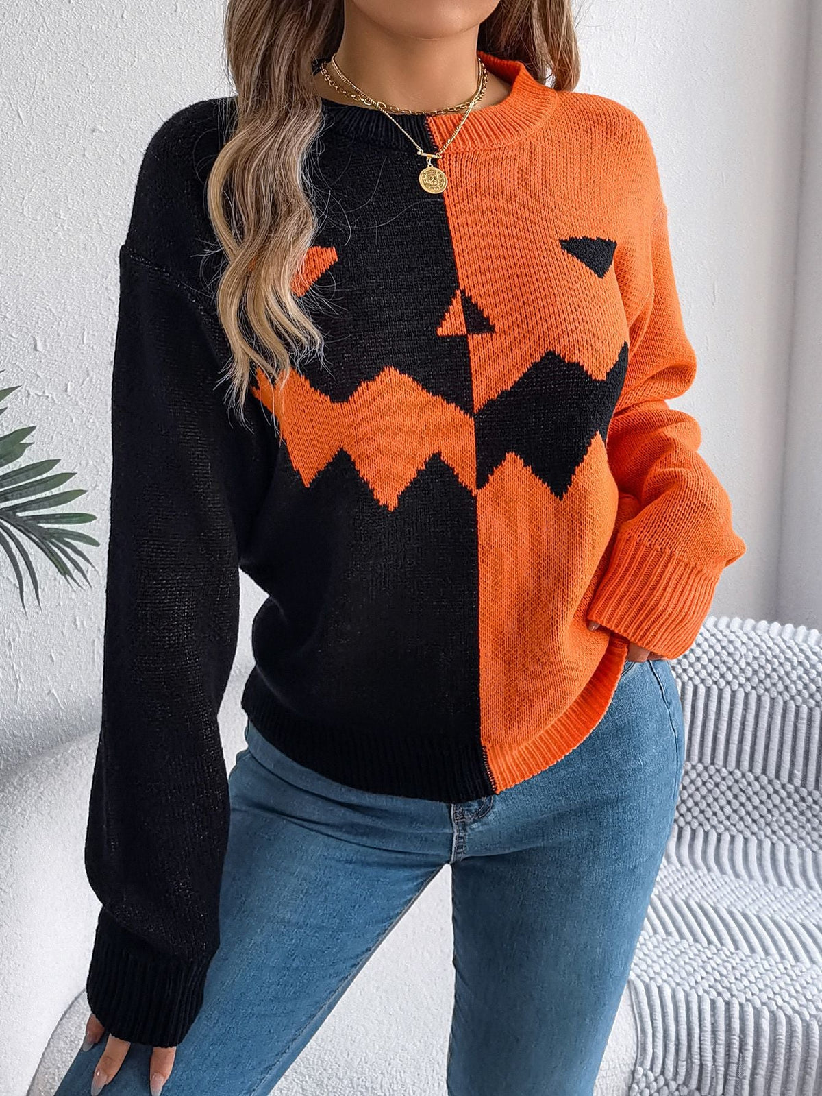 ハロウィン配色 ゴースト柄 ニットセーター レディース 長袖 プルオーバー